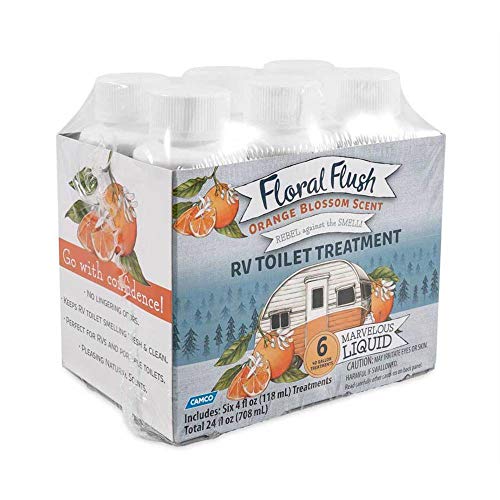 Image of Camco 41481 Floral Flush RV Toilet Treatment Singles, Orange Blossom Scent - Eliminates Odors and Breaks Down Waste - Each Bottle Treats Up to 40-gallons - Contains (6) 4 oz. Bottles
