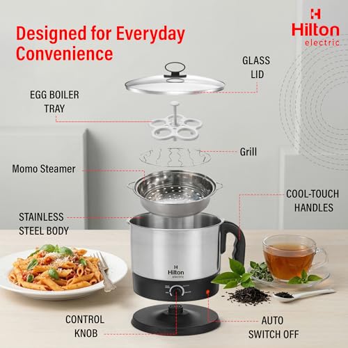 Image of Hilton 600W Multipurpose Electric Kettle with Steamer, Stainless Steel Body, Cool Touch Handle, Auto Shut-Off for Boiling Eggs, Water, Milk, Noodles & Soup, 1.5Ltr, Black & Silver