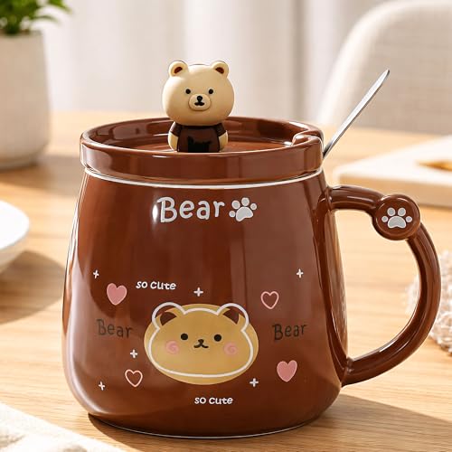 Image of BonZeal Aesthetic Brown Teddy Bear Mug with Lid & Spoon (380 ML) | Ceramic Coffee Mug | Unique Birthday Gift, Return Birthday Gift, Rakhi Gift for Brother | Panda Mug Style Mugs for Coffee