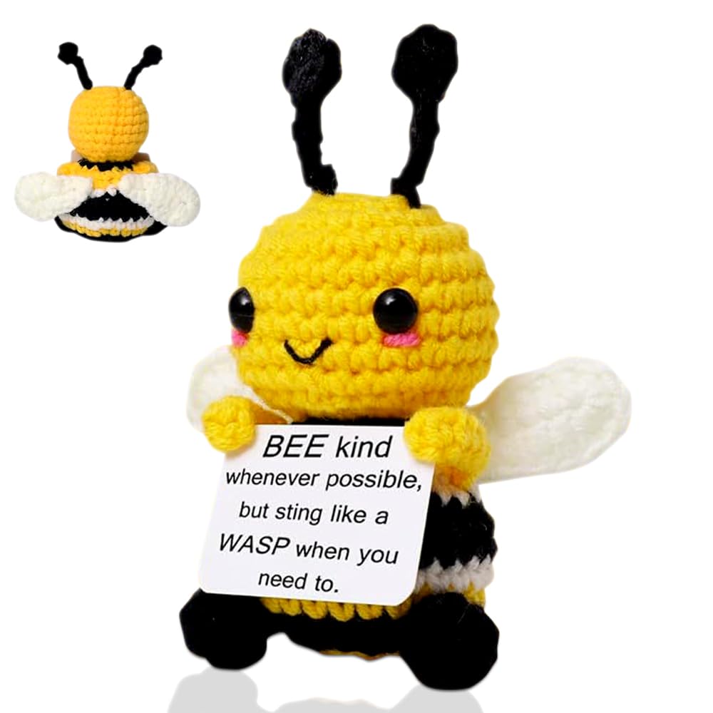LKNBIF Positive Bee, Emotional Support Bee, Mini Funny Crochet Bee Doll Gifts, Cute Handmade Bee Dolls with Positive Card