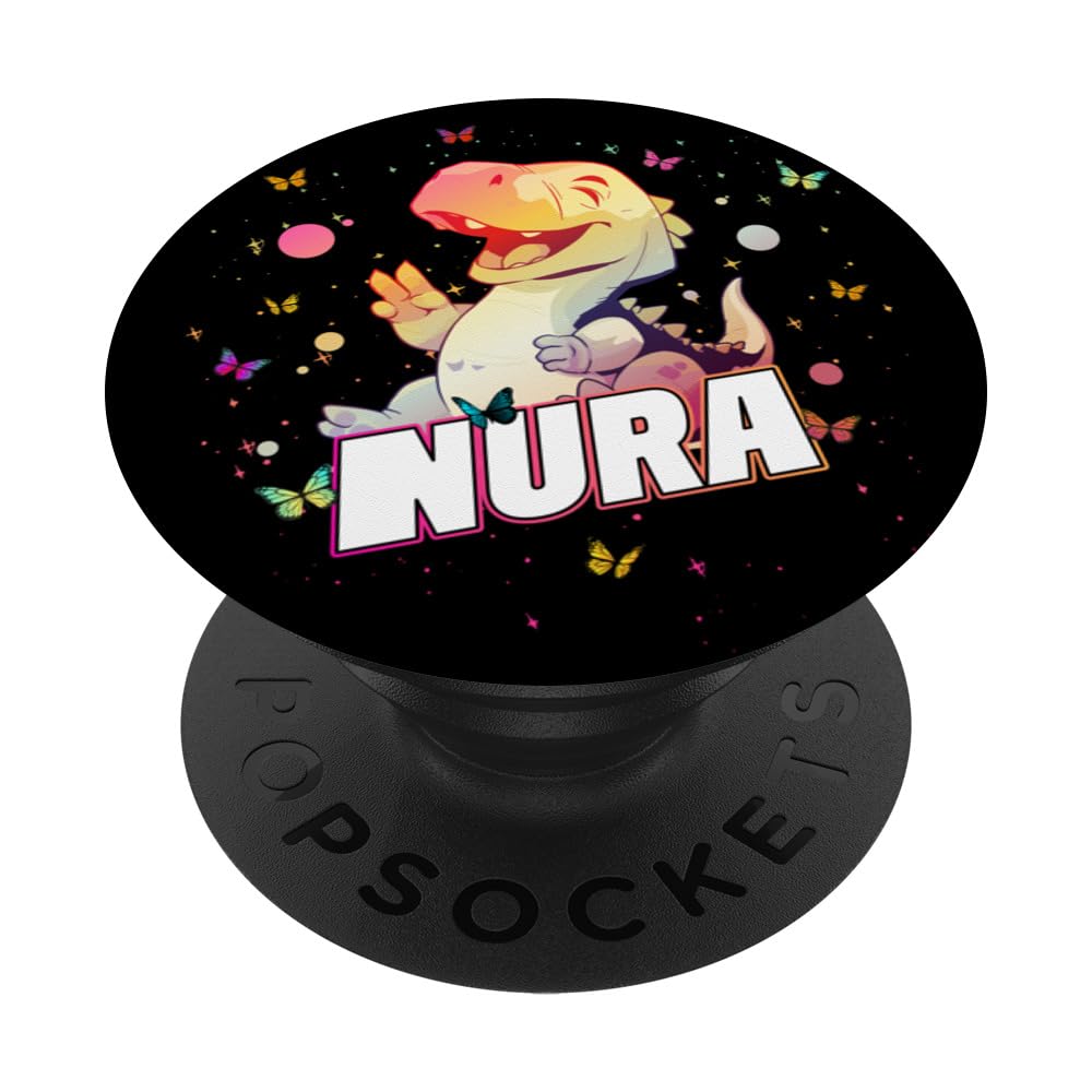 NURA - Adorable girl name with cute Dinosaur PopSockets Swappable PopGrip, Black