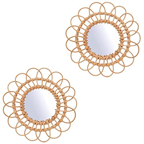 Image of OYPEIP 2 Pack 11" Rattan Innovative Art Decoration Round Makeup Mirror Dressing Bedroom Bathroom Wall Hanging Mirrors Craft Photo Props…