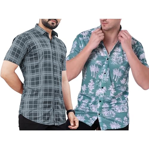 Image of LookMark Men's Trendy Lycra Blend Spread Collar Half Sleeve Printed Shirts - Elevate Your Style with Comfort and Versatility (Pack of 2)