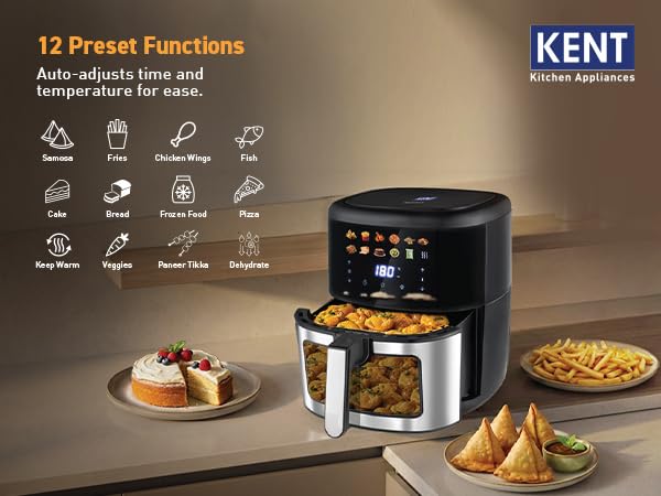 Image of KENT Digital Air Fryer 7L | 1500W | Bake, Grill & Roast | Up to 80% Less Oil Usage | 12 Preset Menu | Digital Display & Touch Control Panel | Glass Window with in built Light | Auto Cut-Off | Silver