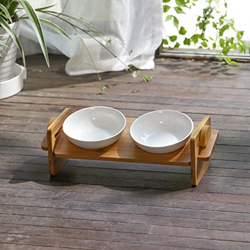 Fukumaru Elevated Cat Ceramic Bowls, Small Dog 15° Tilted Raised Food Feeding Dishes, Solid Bamboo Water Stand Feeder Set For Cats And Puppy #TOP6