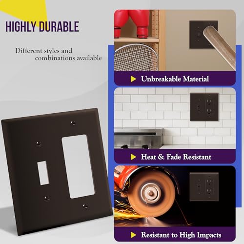 Image of ENERLITES Combination Toggle Light Switch /Decorator Light Switch Plate, Double Switch Wall Plate, Mid-Size 2-Gang 4.88 inch x 4.92 inch, Polycarbonate Thermoplastic, 881131M-BR, Brown