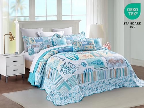 Image of HZ & HY Coastal Oversized King Bedspread, Reversible Beach Pattern Quilt Set King /Cal King, Lightweight Coverlet, Scalloped Edge - Coral Reef Coastal Look, 6 Piece, Coral