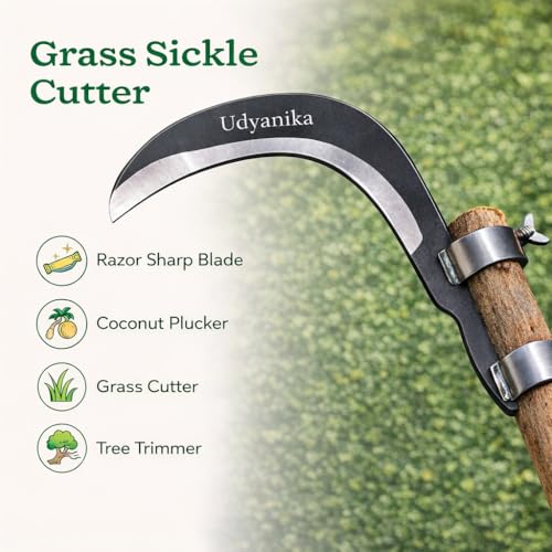 Image of Grass Sickle Cutter Head | Heavy Coconut Plucker with Adjustable Handle Clamp | Razor- Sharp Metal Blade for Tree Branches, Grass, Weeds, Gardening | Multipurpose Agricultural Hand Tool