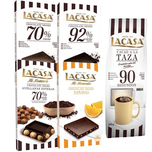 Lacasa pack de 5 tabletas de chocolate:taza 90 segundos 350g, naranja,negro,cacao 92%, avellana 200g