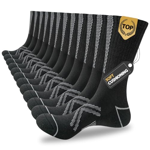 JOYNÉE 12 Pairs Mens Athletic Crew Socks Cushioned for Men Sports Running-Arch Support,Black,Sock Size:10-13