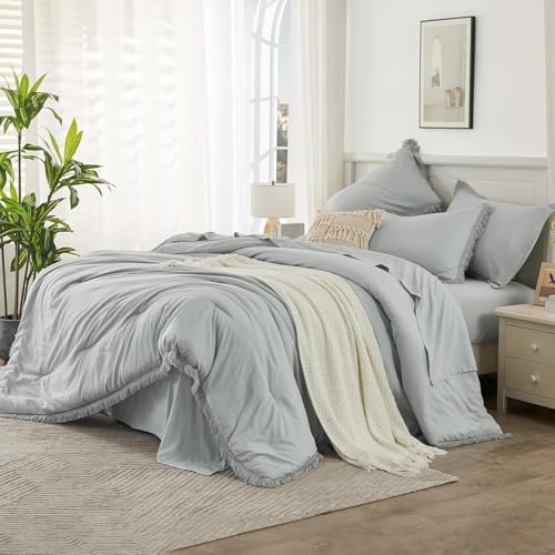 Image of Andency Oversized King Comforter Set with Sheets 120x120 Light Grey - 7 Pieces Boho Tassel Bed in a Bag Soft Lightweight Bedding Sets, Fringe Bed Set with Comforter, Sheets, Pillowcases & Shams