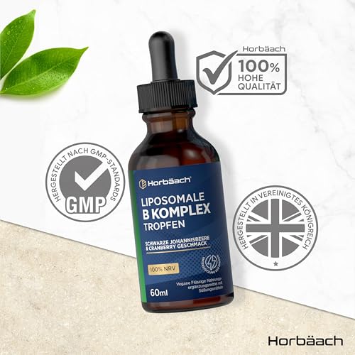 Liposomales Vitamin B Komplex Hochdosiert Druppels | 60ml | Alle 8 B Vitaminen mit Vitamin B1 B2 B3 B5 B6 Biotin Folsäure B12 | von Horbaach