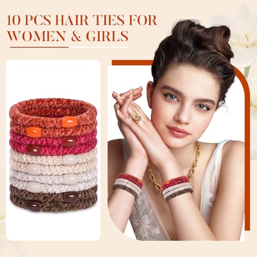 Image of FORENEE Braided Hair Ties No Damage, 10 Pcs Soft Plush Hair Bands for Women's Hair, Bracelet Hair Elastics & Ponytail Holders for Thick Hair - Ember Glow