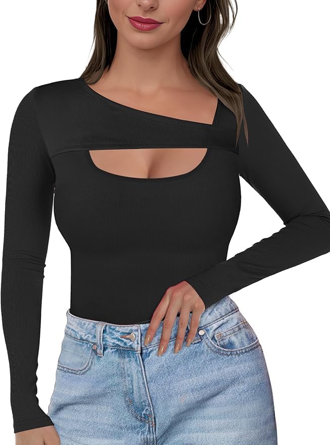 Buauty Womens Ribbed Long Sleeve Shirts Cutout Slim Fit Tee Trendy Sexy Top Fall Fashion 2025 Going Out Tshirts Y2K Clothes - Image 6