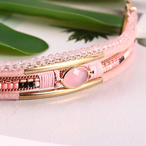 Fancy Shiny Leather Wrap Bracelets Crystal Beads Bracelet Boho Cuff Stone Charm Bracelets With Clasp Costume Jewelry For Women(Pink) #TOP3