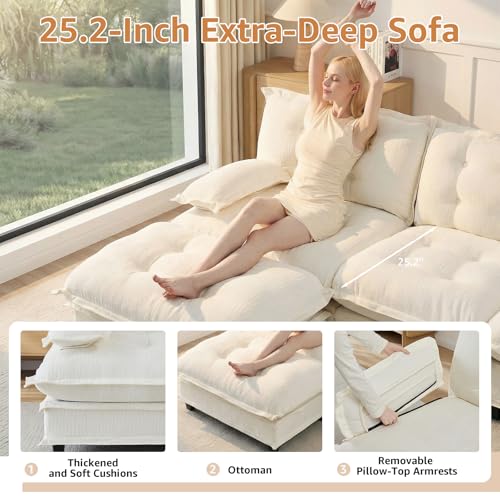 Image of 77 inch U-Shaped Sectional Couches for Living Room, Beige 2 Seater Modern Chenille Deep Seat Sofa Set, Salas para Casa, High Back Love Seat Couches, Cloud Modular Sectional Sets with 2 Ottoman