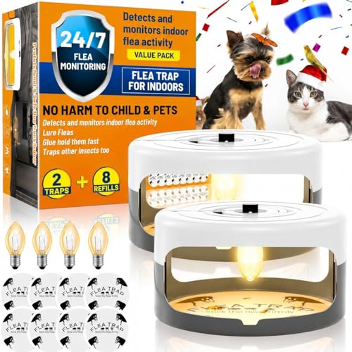 2 Pack Flea Traps for Inside Your Home, Indoor Flea Light Trap with 8 Sticky Pads & 4 Replacement Bulbs, Indoor Flea Trap Sticky Insect Catcher for Fleas, Moths & Gnats