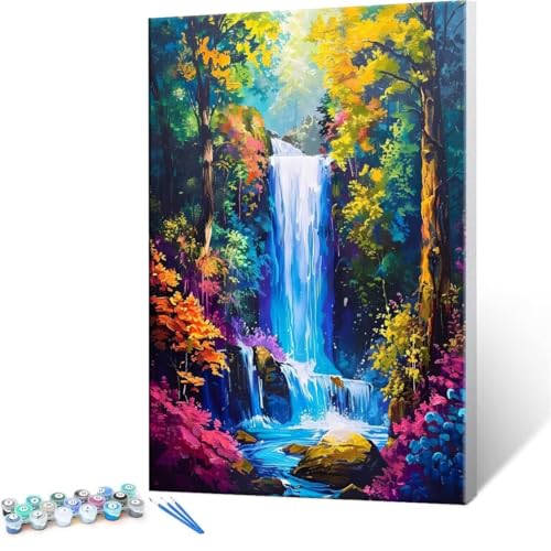 数字油絵 数字塗り絵 デジタル油絵 森 滝 数字キットでペイントブラシとアクリル絵の具が入, 大人の子供のためのギフト Paint by Numbers 手塗り DIY 数字によるアクリル 水彩絵画インテリア リビング装飾 40x50cm (フレームレス)