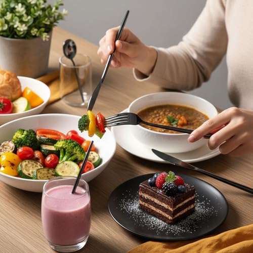Image of 24 Pcs Black Slim Handle Stainless Steel Cutlery Set for Dining Table with Spoons and Forks Set + Butterknives - The Perfect Tableware /Flatware