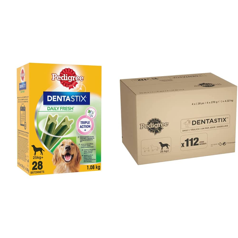PEDIGREE DENTASTIX Fresh Sticks Dentaires pour Grand Chien +25kg - 112 Bâtonnets & DENTASTIX Sticks Dentaires pour Grand Chien +25kg - 112 Bâtonnets à Mâcher (Lot de 4 Boîtes de 28 Friandises)