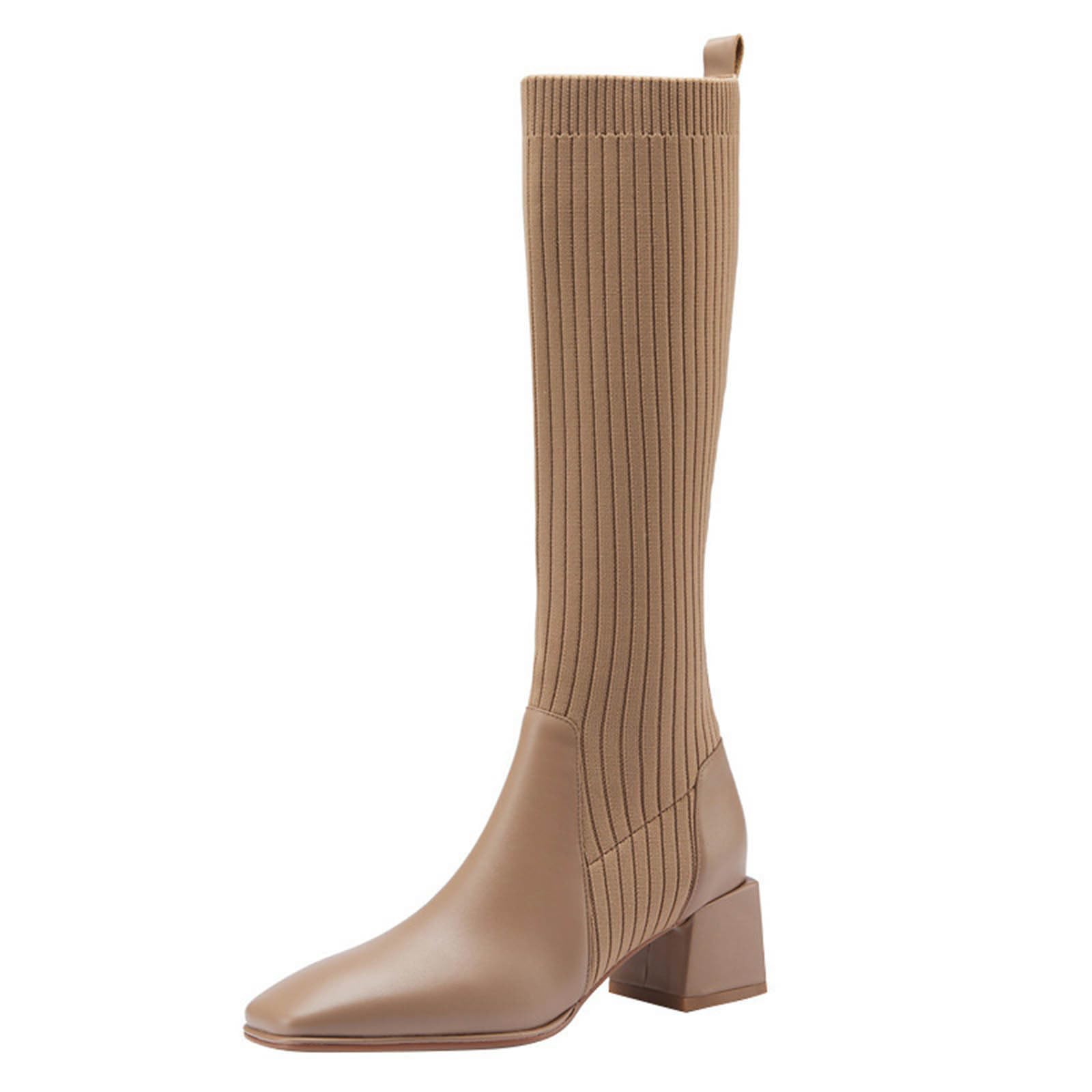 Fashion Knit Stretch Boots for Women Solid Color Slip on Winter Warm Tall Booties Low Block Heel Party