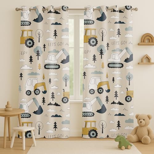 Image of STITCHNEST Velvet Kids Curtains Pack of 2 | Digger & Truck Print | Semi Blackout Curtains for Nursery, Playroom & Toddler Bedroom | 5 Feet