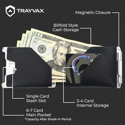 Image of Trayvax Venture Billfold Wallet, Front Pocket Money and Credit Card Holder, Minimalist Slim Leather Metal Wallet for Men and Women, Latigo Black, Billfold