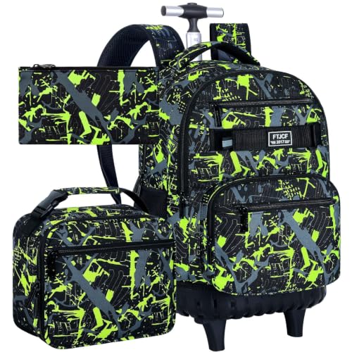 Image of 3Pcs Rolling Backpack for Boys, Men Roller Bag with Wheels for Adults, 19 Inche Graffiti Wheeled Bookbag with Lunch Box(Green)
