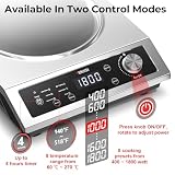 Commercial Induction Cooktop, 1800W Electric Wok Cooker with Concave Surface, 4H Timer, 6 Preset, 8 Temp Levels, Portable Induction Burner for Kitchen Cooking, 12.6" Carbon Steel Wok,110V