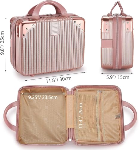 Image of Portable Hard Shell Cosmetic Bag Travel Case, Small Travel Hand Luggage with Elastic Band, Mini Abs Carrying Makeup Case Suitcas (B-Rose Gold)