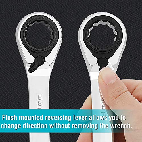 DURATECH 9-delige omkeerbare ratelsleutelset, steeksleutel set met vaste kop en roltasje, metrisch, 8-19mm, 12-punts, Cr-V staal - Afbeelding 5