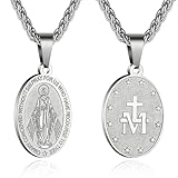YIQPKUM Collar Religioso Medalla Milagrosa Colgante de la Virgen María con Cruz Cadena de Acero Inoxidable Medallón Católico Doble Cara (Plateado)