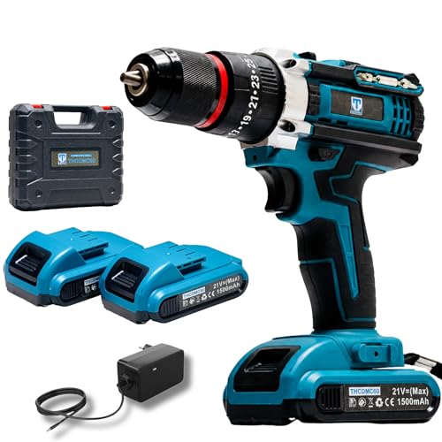 Image of THOR 21V Cordless Drill, 10mm Metal Chuck, 350-1350 RPM, 2x1500mAh Li-Ion Batteries, for Wood Metal Masonry, with Carry Case