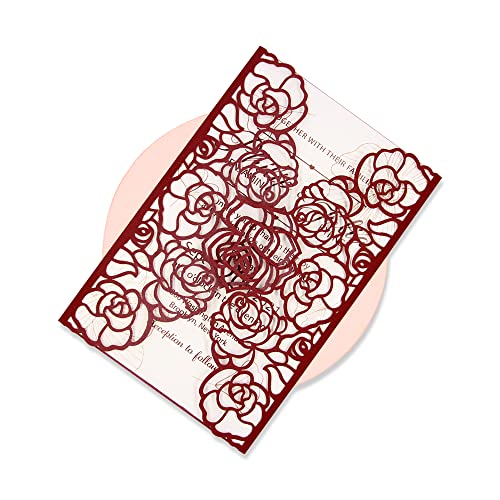 Tarjetas de invitación corte láser rojo vino FOMTOR con sobres para bodas y eventos