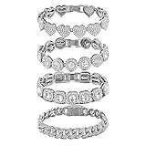 Umimiss 4PCS Diamante Bracelet - Bracelets for Womens,Tennis Bracelet,Bracelet Set,Silver Clustered Tennis Bracelet,Heart Round Diamond Cuban Bracelet,Layered Link Bracelet Set for Mother Wife Friend