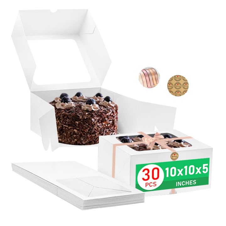 El Mejor Listado de Cajas para tartas los mejores 10. 41 fwipiyo 30 cajas blancas para tartas de 25.4 x 25.4 x 12.7 cm, cajas de panadería con ventana transparente para pasteles, pasteles, postres, galletas, cumpleaños, fiestas, bodas