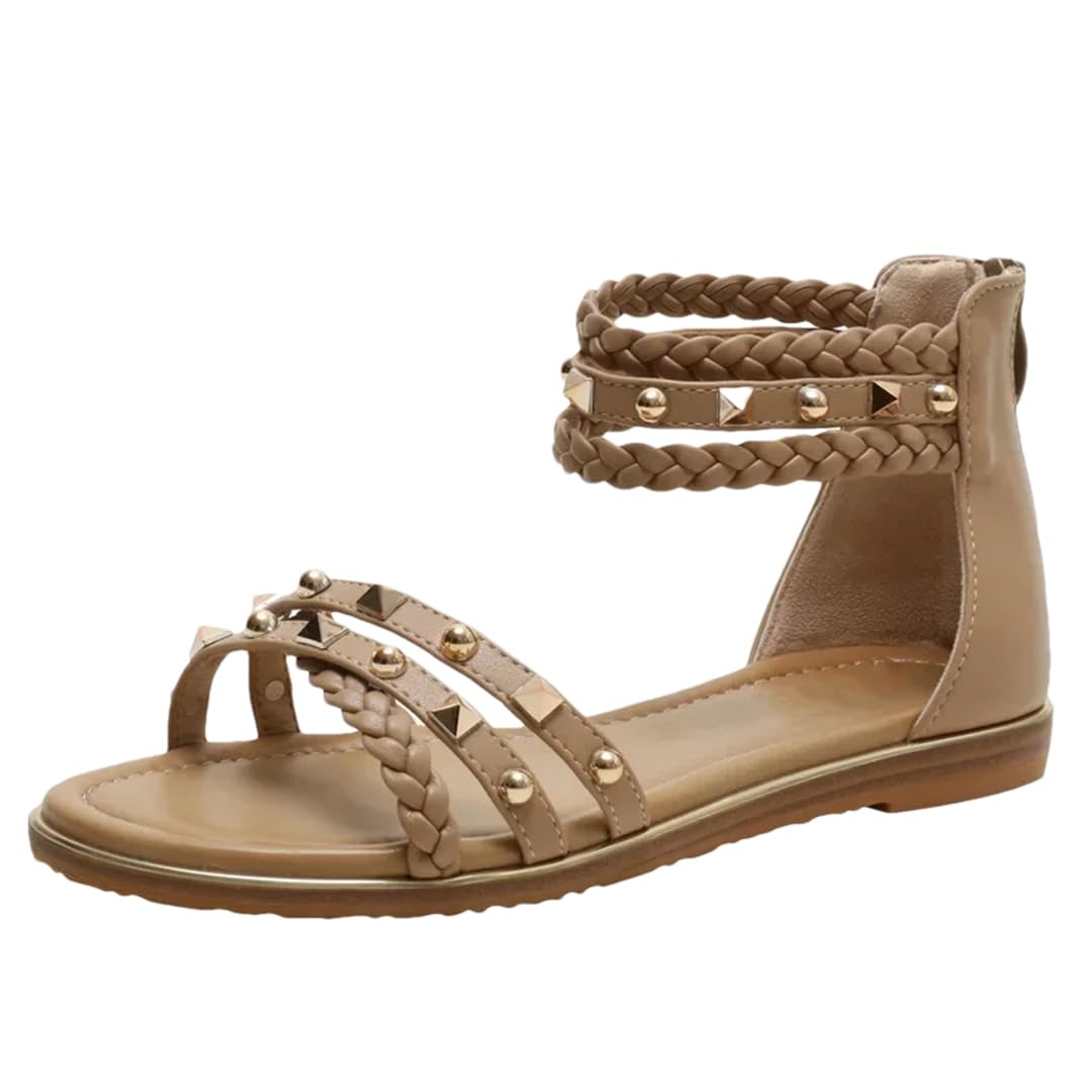 Sandalias étnicas con banda elástica para mujer, con correa de tobillo, tacón plano, con parte lateral abierta, estilo étnico, con remache superior, tejidas, retro, romanas, informales, de verano