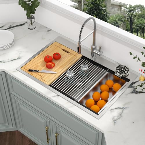 Image of Kichae 33 Kitchen Sink Drop In Workstation 16 Gauge Stainless Steel | 33 x 22 Kitchen Sink Ledge Workstation Topmount Drop-In Single Bowl Single Bowl With Glass Rinser