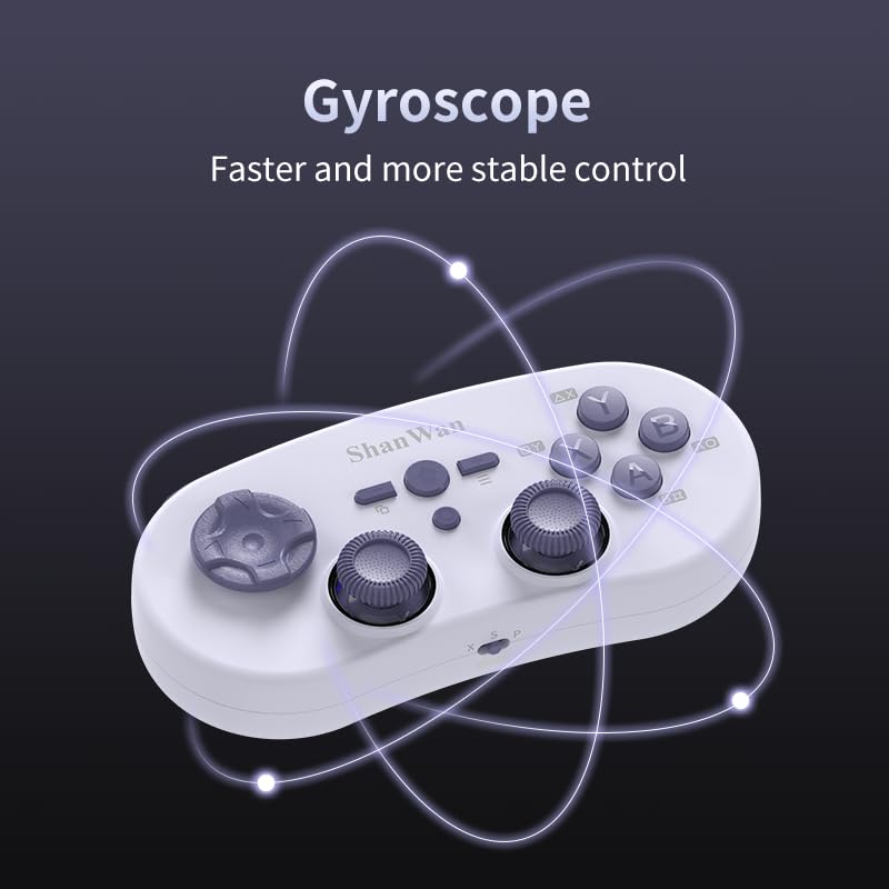 Image illustrating the gyroscope feature of the ShanWan Q38 controller with swirling lines around it.