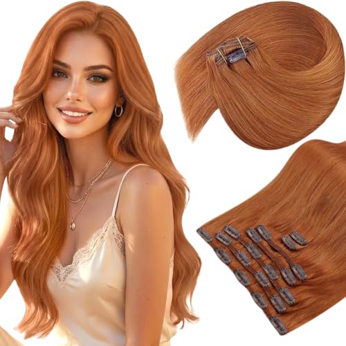 Image of Sunny Hair Clip in Hair Extensions Real Human Hair Copper Orange 18 Inch | Real Hair Clip in Extensions Human Hair, Soft Silky Texture, Natural Fullness and Balanced Length for Date Night Hair 120g