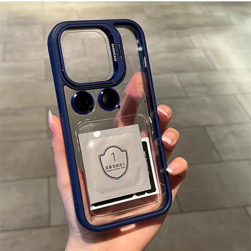 Image of Clear Case for iPhone 16 Plus | Metal Lens Protector & 180 Rotating Bracket | Shockproof Transparent Hard Back Cover with Soft TPU Frame - Navy Blue