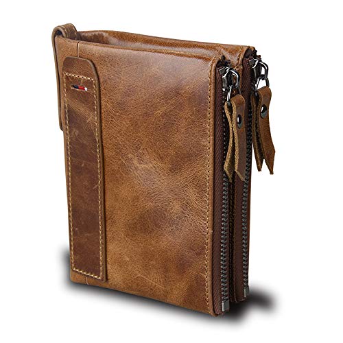 Men's Folding Double Zip Wallet RFID Blocks Retro Short Coin Purse