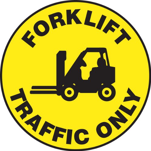 AccuformNMC Floor Sign "Forklift Traffic Only" with Symbol, 17" Diameter Non-Slip Adhesive Vinyl Forklift Sign, Black on Yellow, Made in the USA, MFS773