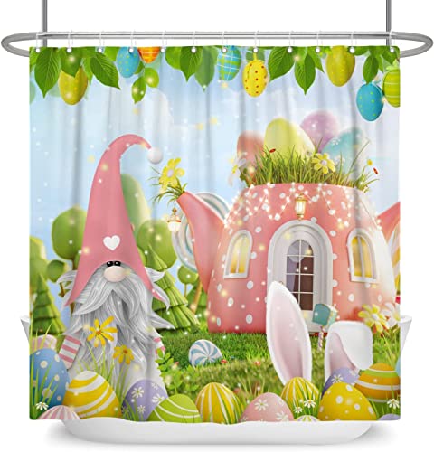 GCIREC Oster-Duschvorhang, niedliche Zwerge, lustige Hasenohren, bunte Ostereier mit Blumenmuster, wasserdichter Stoff, maschinenwaschbar mit Haken Cover