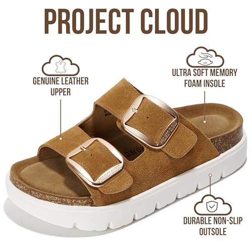 Image of Project Cloud 100% Genuine Leather Platform Sandals Women Footwear - Wedge Chunky Slides for Women 2026 with Memory Foam Insole & Cork Footbed Womens Sandals (GreeceChunky)