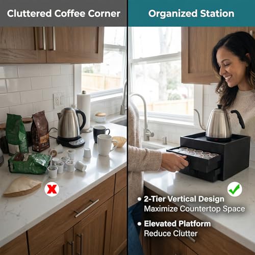 Coffee Brewer Organizer for Intasting Electric Kettle,Two-tier design with elevated kettle platform and pull-out Two-tier storage drawer，Elevated Pour Over Coffee Maker Holder for Beans, Tea & Accessories - Thumbnail 3