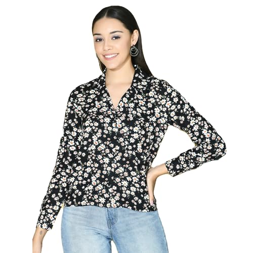 Image of Rayon Black & White Floral Top | Super Soft Collared Neck Regular Fit Top for Women & Girls
