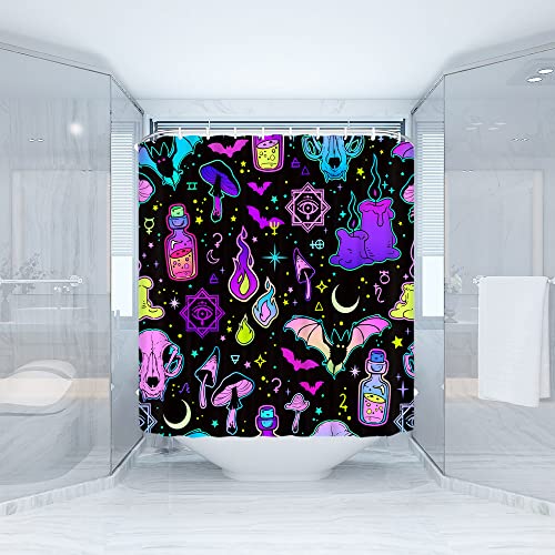 Gctnbjl Happy Halloween Shower Curtain Witch Skull Spooky Bat Gothic Alchemy Magic Ouija Board Witchcraft Mushroom Boho Scary Mysterious Terror Bathroom Curtain With Hooks,Purple Black Blue #TOP1