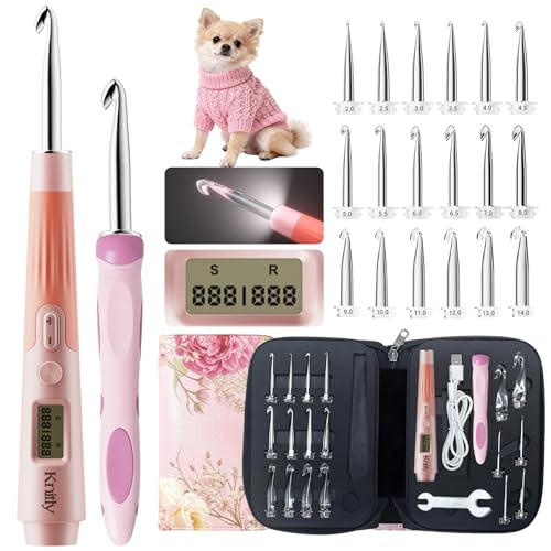 knitly Light Up Crochet Hooks Set with Digital Counter,18 Size Counting Crochet Hook with 2.0–14.0 mm Interchangeable Hooks,Ergonomic Crochet Kit&Gift for Arthritic Hands