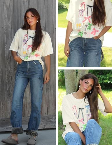Aelfric Eden Bow Shirt for Women Oversized Graphic Tees Y2K Cute Print Short Sleeve T-Shirt Casual Summer Cotton Top